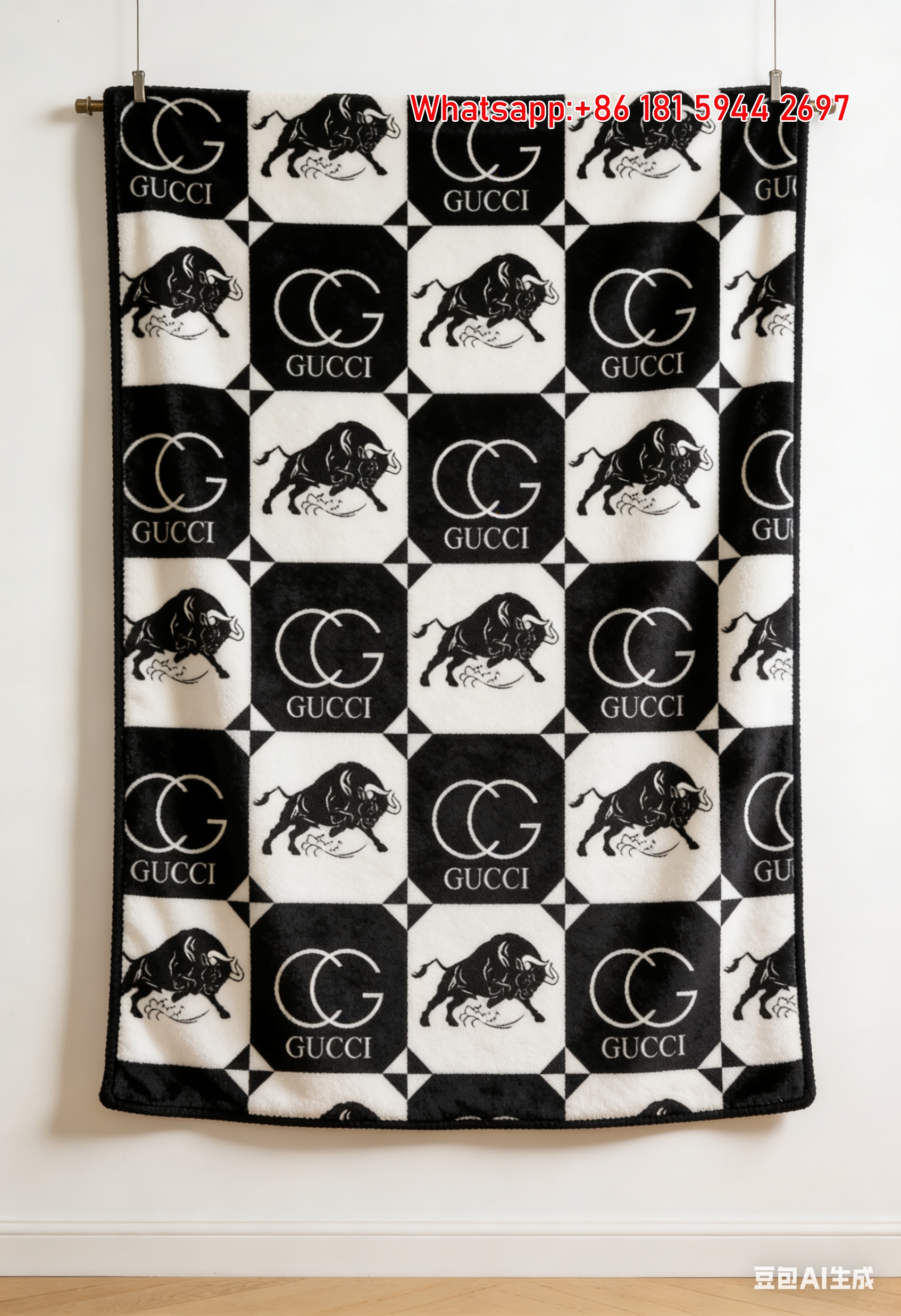 Gucci Checkerboard GG Monogram Throw blankets Black & White Gucci Bull Wall Tapestry IMG_2606